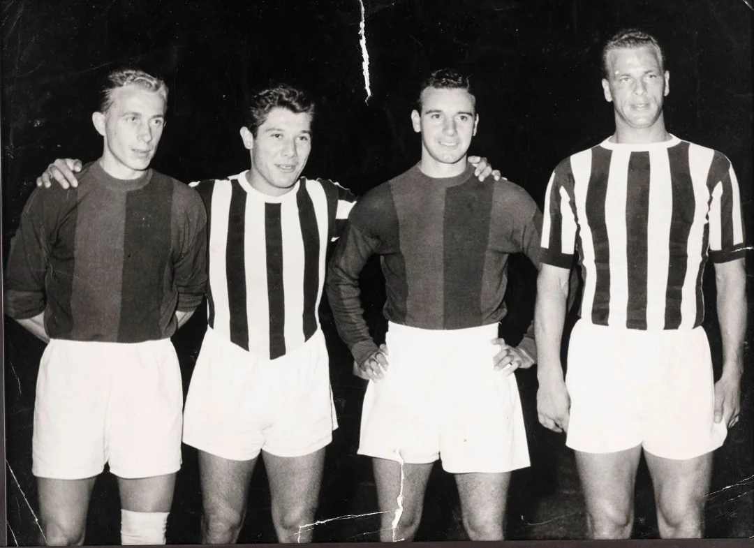 Glavni igrači Bologne i Juventusa. S lijeva: Bernard Vukas (Hrvatska / Jugoslavija), Omar Sívori (Argentina / Italija), Humberto Maschio (Argentina / Italija), John Charles (Wales).